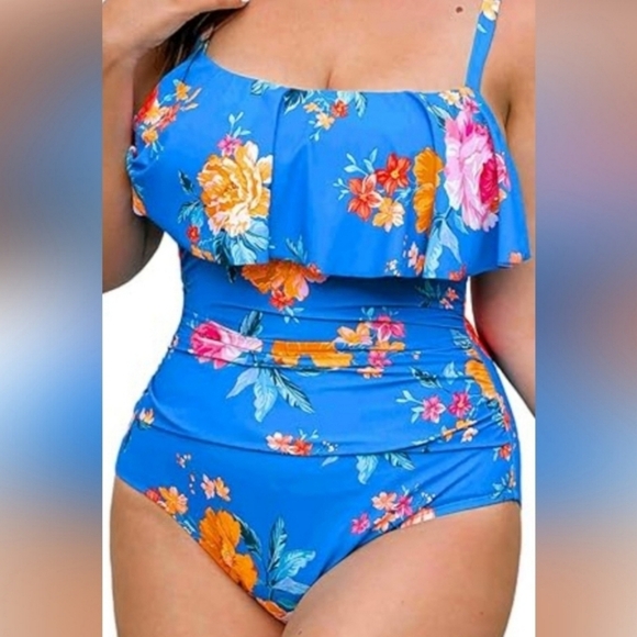 Plus Size 1X Swim Suit Flowy Ruffle Trim Ruched Front Tummy Control blue floral - Picture 1 of 7
